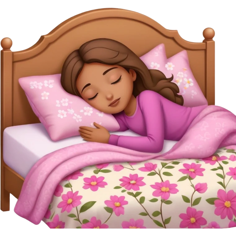 light brown girl beautiful finish sleeping on her bed with pink floral design  emoji