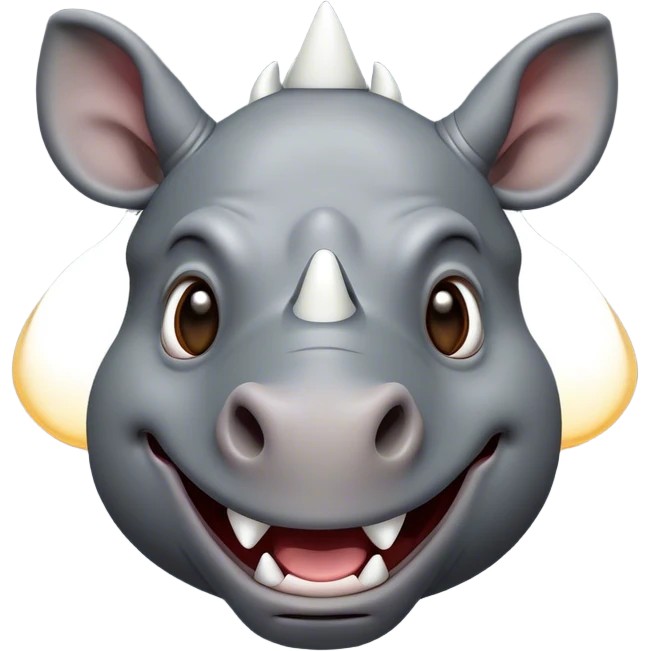 Cinematic Comical Rhinoceros Portrait Emoji, Head tilted dramatically with an exaggeratedly amused expression, featuring a striking, glossy slate-gray hide with a boldly textured white horn, wide, expressive eyes filled with playful disbelief, Simplified yet hilariously expressive features, highly detailed, glowing with a slightly sassy glow, high shine, dramatic yet playful, stylized with an air of cheeky wild mischief, bright and endearing, soft glowing outline, capturing the essence of a spirited and over-the-top rhinoceros, so meme-worthy it feels like it could charge its way into internet fame instantly! emoji