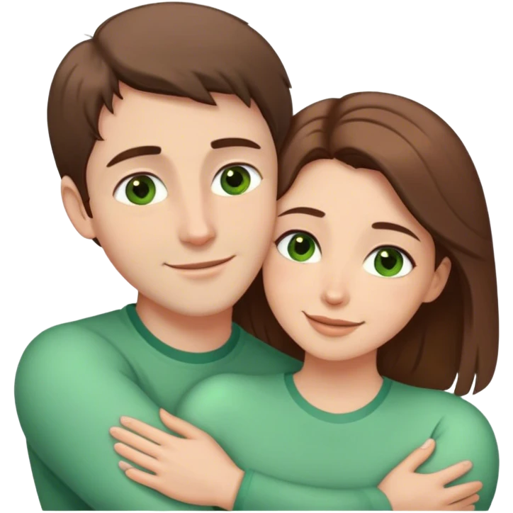 white couple with brown hair, man has short hair and brown eyes. woman has long hair and green eyes .they’re hugging each other  emoji