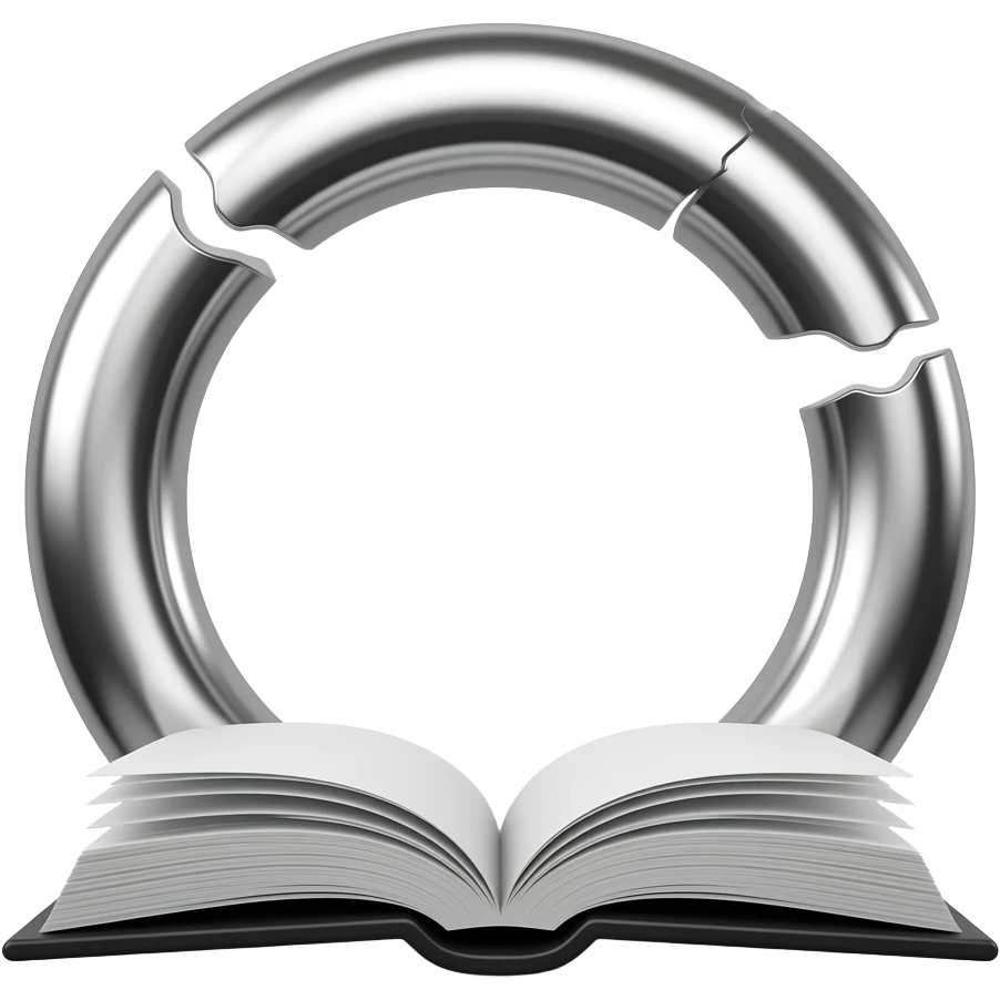 circular ring icon, broken circle shape, liquid chrome metallic material,  flowing silver reflections, open book pages morphing into the ring form,  soft academic energy, monochrome black white silver,  dramatic studio lighting, white background,  3D render, 512x512, no text, ultra sharp emoji