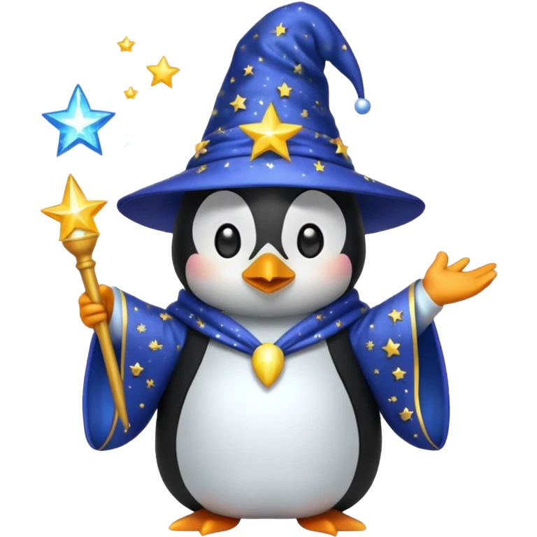 penguin wizard casting a sparkling spell wearing a starry robe and hat, emoji style emoji