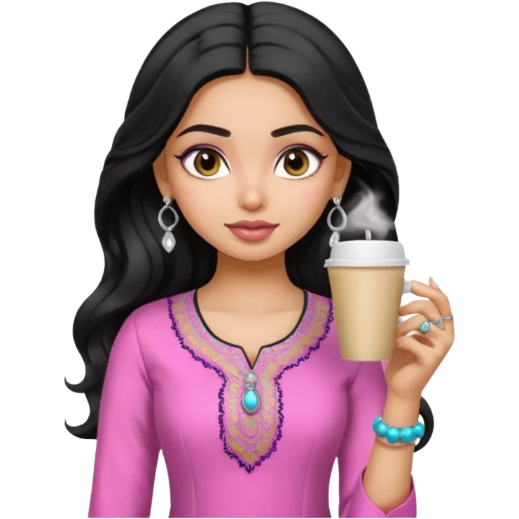 a pretty bratz fair indian girl wearing a pink kurti, drinking takeaway coffee. Silver jhumkas, black wavy hair emoji