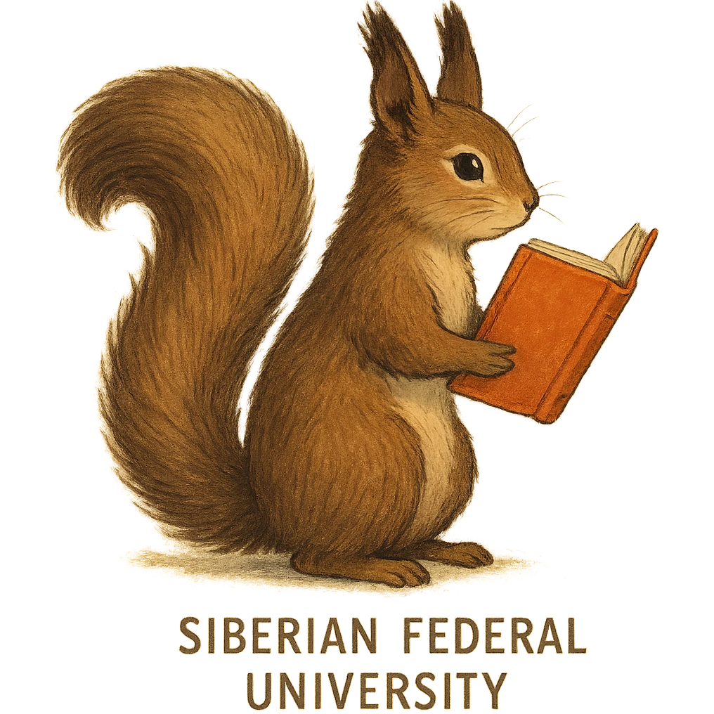 A cute brown squirrel with an orange book, studying at Siberian Federal University, back view, full body, detailed fur, intelligent and beautiful emoji