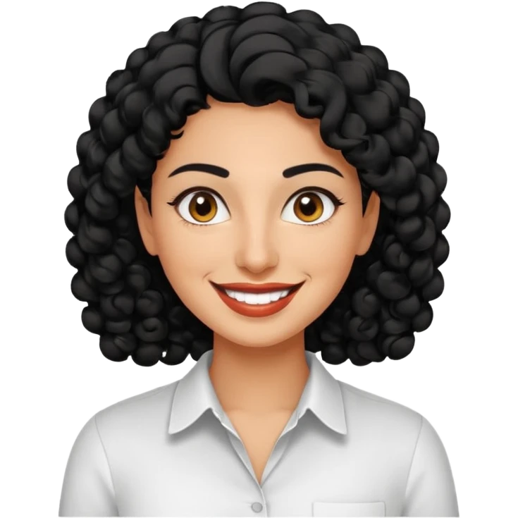 30 year old iranian woman very short curly black hair, big brown eyes, tanned skin, big smile, white teeth, pretty, stylish, shorter hair, man length hair emoji