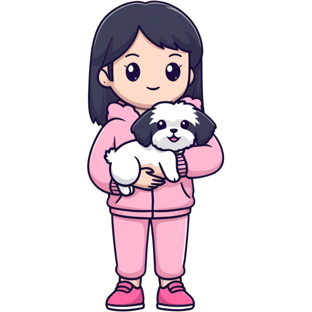 Beautiful girl with long straight black hair, fair skin, wearing pink clothes, holding a pure white fluffy Maltese dog emoji