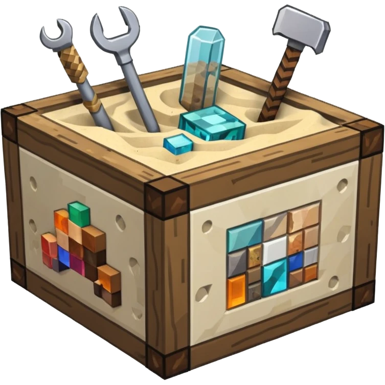minecraft crafting tabme with tools, stone, wood, glass, sand, ... in a minecraft cube crafting table emoji