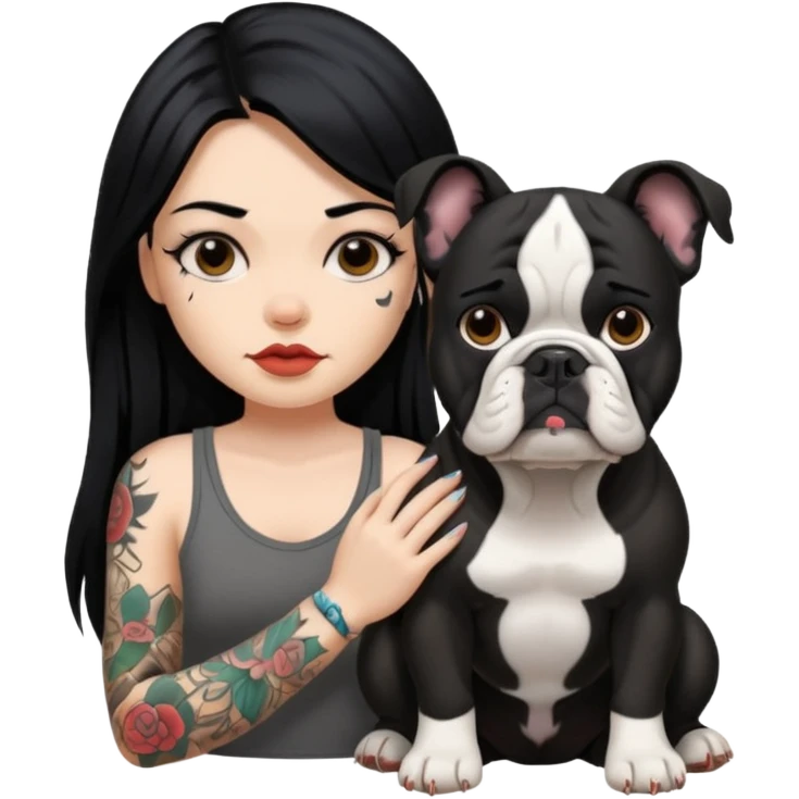 girl with long black  straight  hair and tattoos and a Black haired bulldog emoji