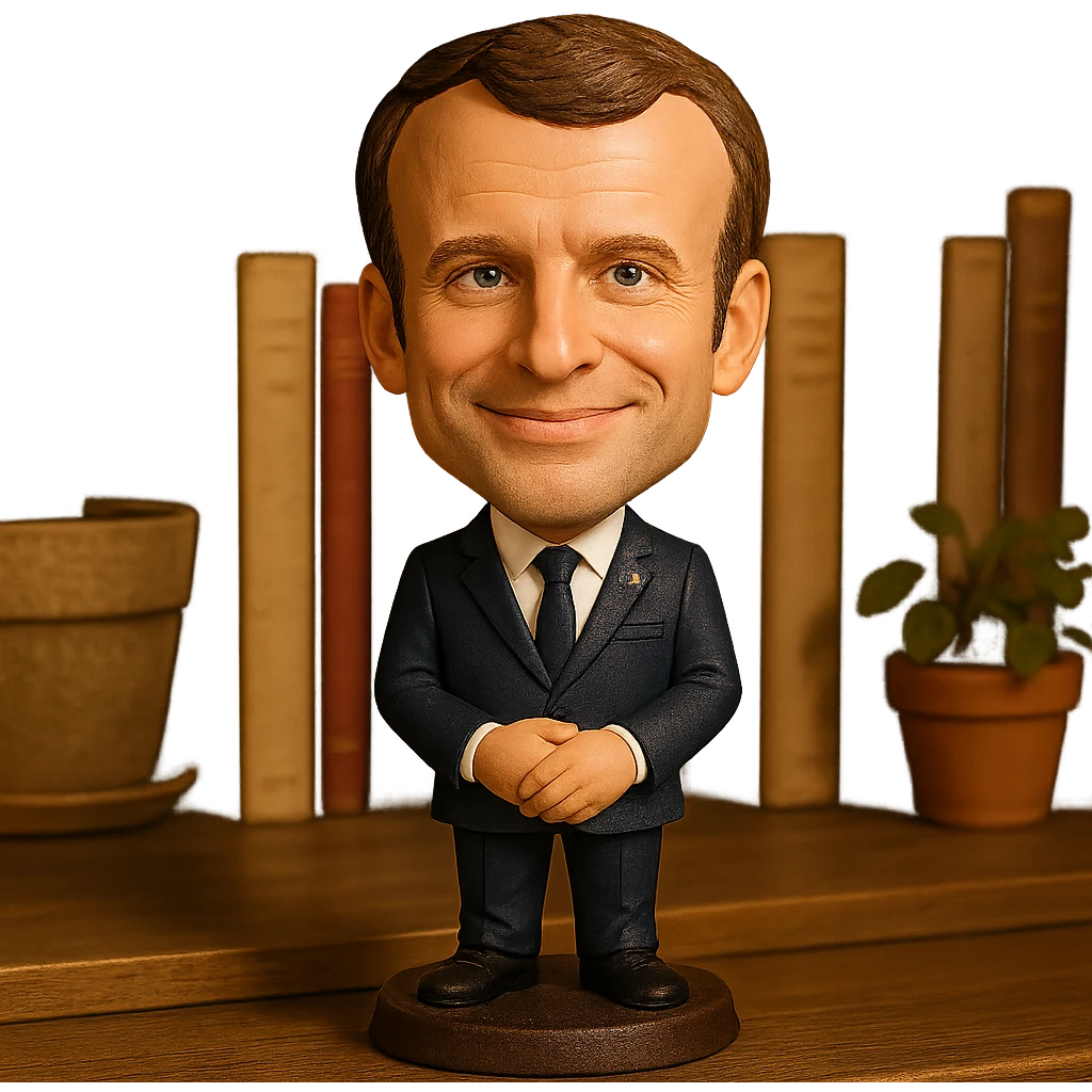 bobblehead style figure of Emmanuel Macron, French president, suit and tie, oversized head, confident smile emoji