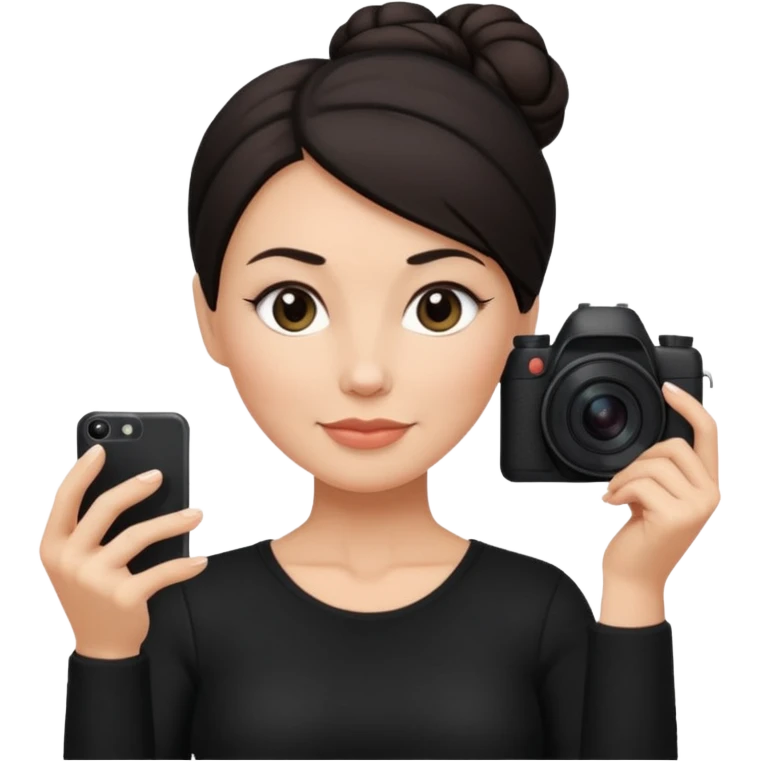 48 year old woman photographer with dark hair in a bun, wearing black clothes emoji