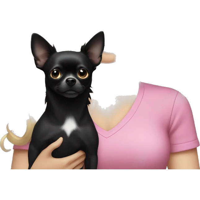 White girl with blonde hair and blue eyes wearing a pink shirt holding a black long hair chihuahua emoji