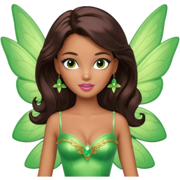 Pretty thick Barbie girl with caramel skin. Dark brown hair and brown eyes. She has freckles. Wearing sexy makeup. Wearing a green fairy costume and heels and flying emoji