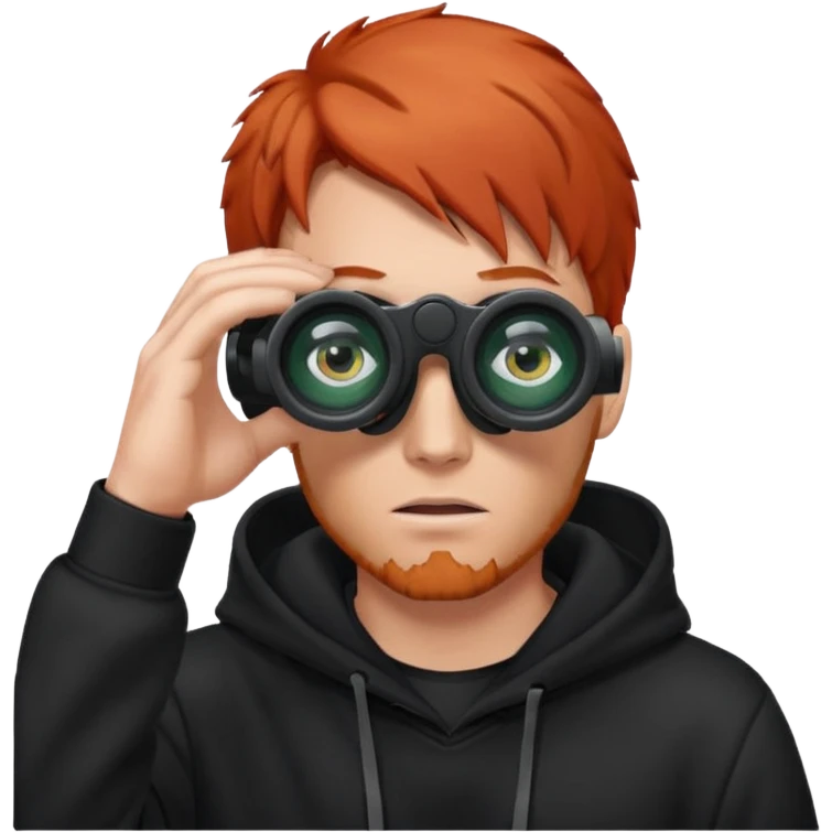 A red-haired man in a black hoodie looks through binoculars. emoji