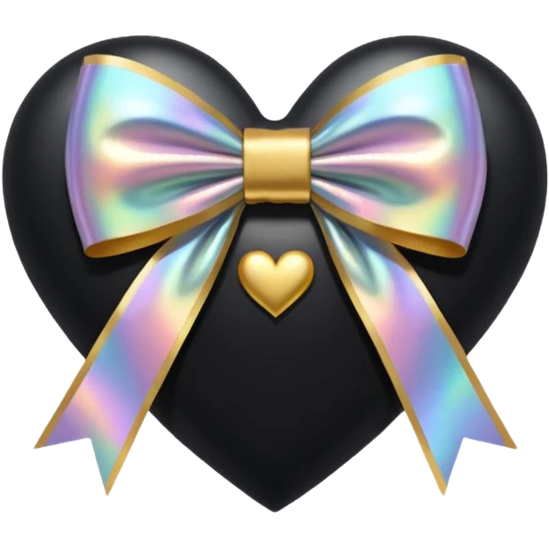 holographic black heart with a gold bow and heart pattern on the bow emoji