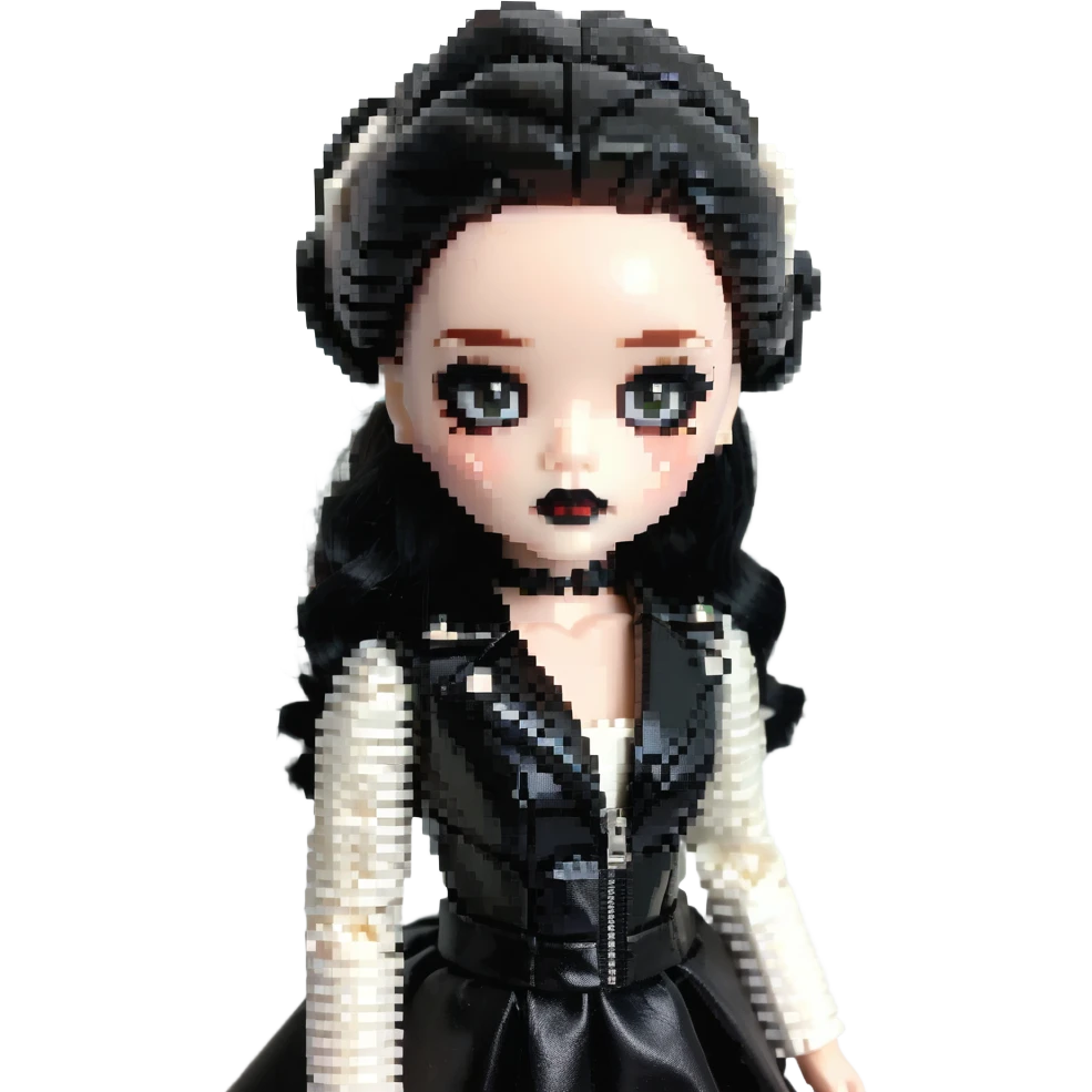 Chucky's bride doll with black lipstick, black dress, leather jacket, smoky eye makeup emoji