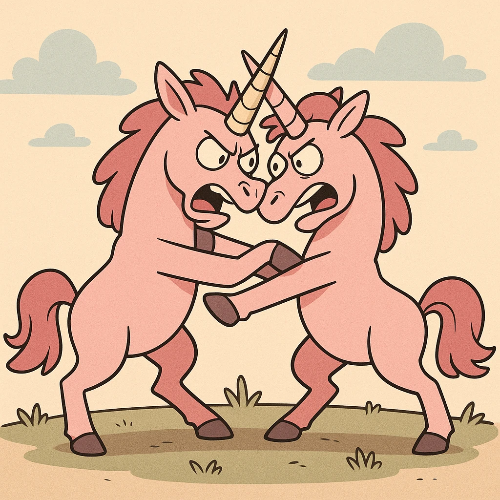 two pink unicorns fighting, cartoon style, playful, bold lines emoji