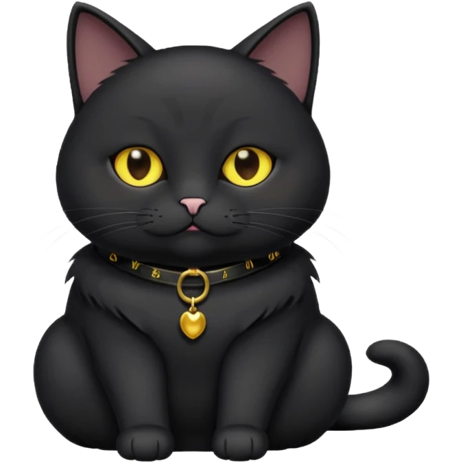 Un gato negro gordito con los ojos de color amarillos sentado con un collar que diga: waina michi emoji