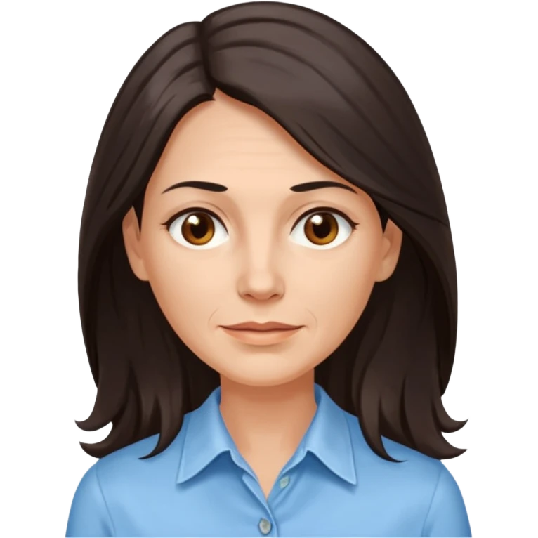 vit 50-årig kvinna med jättelångt mörkbrunt hår med vita slingor bruna ögon ljusblå skjorta med översta knappen uppknäppt emoji