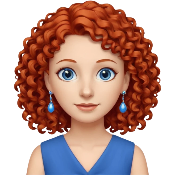 una profesora simpática con el pelo rojo rizado, ojos azules, vestido azul y pendientes azules emoji