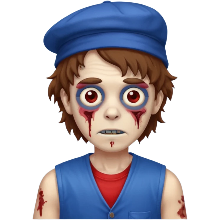 brown fluffy hair zombie with blue and white hat dark blue jilet red t shirt emoji
