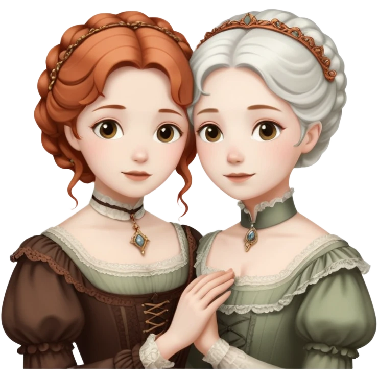 Two modest Victorian women hugging, one with white hair and one with copper hair, wearing Victorian era dresses emoji