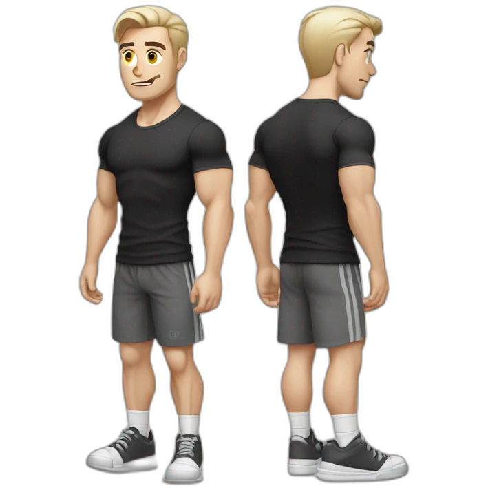 Confused Pale skinned Fit Man With the biceps and dark brown hair in black shirt, gray sports shorts and white Sneakers emoji