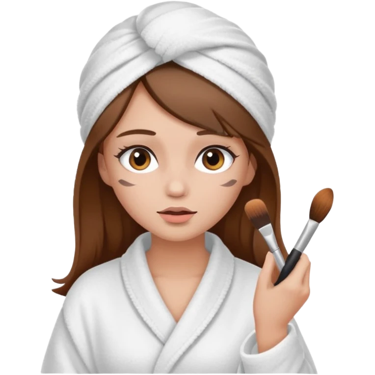 Girl with brown hair in white dressing gown and white towel wrapped in her head doing her makeup emoji
