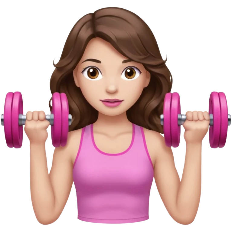 girl with wavy long brown hair, brown eyes, light to medium complexion, long lashes, light pink lipstick, wearing light pink shirt, lifting pink dumbbells in a sports top emoji