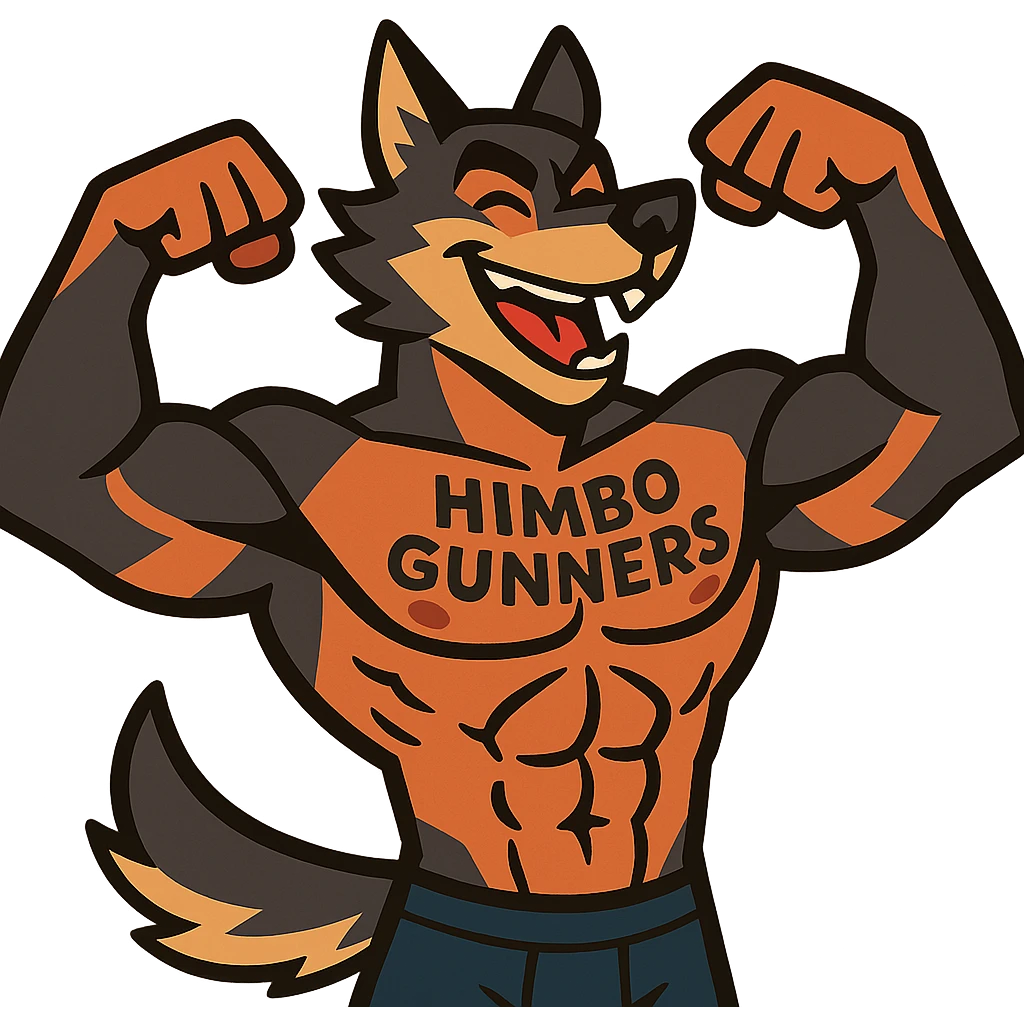 very muscular, handsome wolf furry, shirtless, with 'Himbo Gunners' tattooed on chest, flexing pose, energetic, playful, and attractive emoji