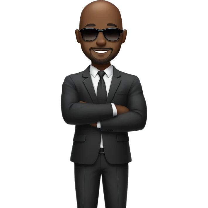 Smiling athletic bald attractive dark skin black man in proffessional suit with goatee and sunglasses crossing arms and standing sideways emoji