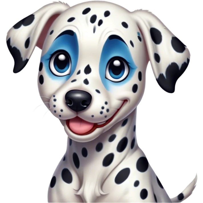 Cinematic Comical Spotted Dalmatian Portrait Emoji, Head tilted dramatically with an exaggeratedly shocked or amused expression, featuring a striking Fur of predominantly white with vivid black patches, wide, expressive blue eyes filled with playful disbelief, Simplified yet hilariously expressive features, highly detailed, glowing with a slightly sassy glow, high shine, dramatic yet playful, stylized with an air of cheeky charm, bright and endearing, soft glowing outline, capturing the essence of a spirited and over-the-top guardian, so meme-worthy it feels like it could side-eye its way into internet fame instantly! emoji