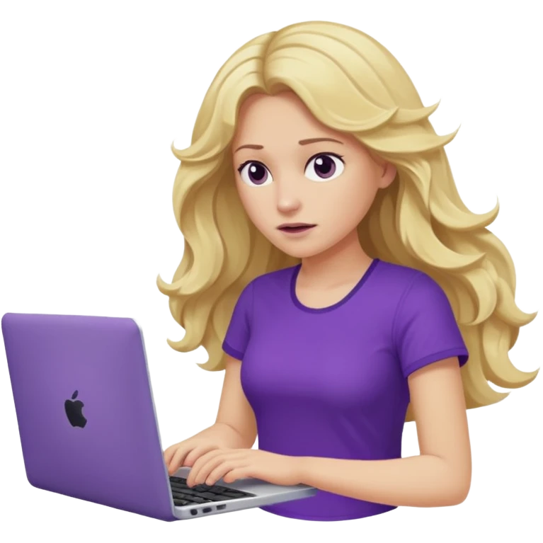 lady with long blonde wavy hair, purple top throwing her with a laptop looking defeated emoji
