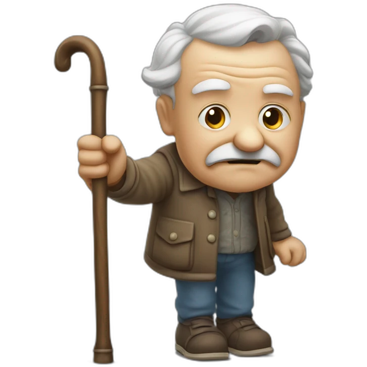 Old man leaning on a walking cane and holding his crancky back with his hand, grumpy face, detailed emoji