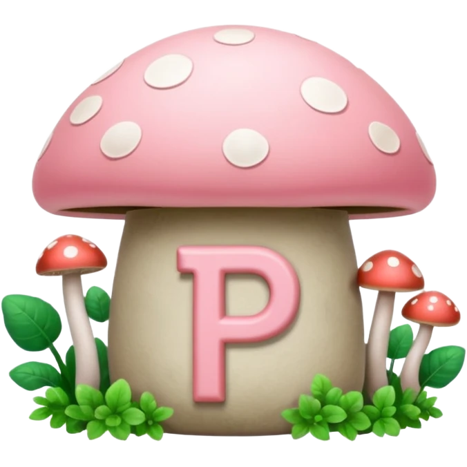 Pale Pink and green cute bank, mushrooms growing around it , clean aesthetic, two P letters on it emoji