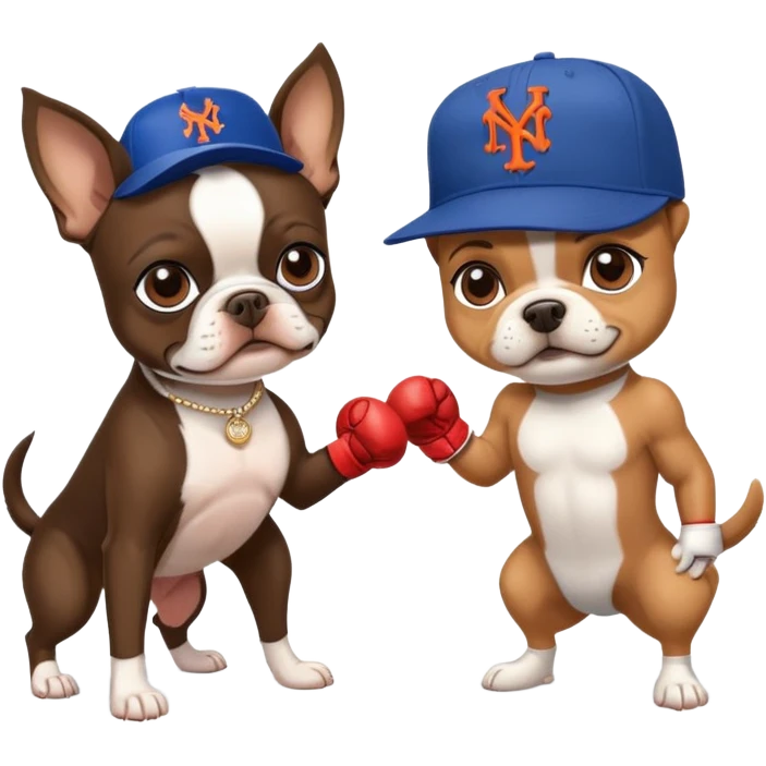 Brown Boston terrier wearing a New York Mets hat boxing a yorkie with a New York Yankees hat emoji