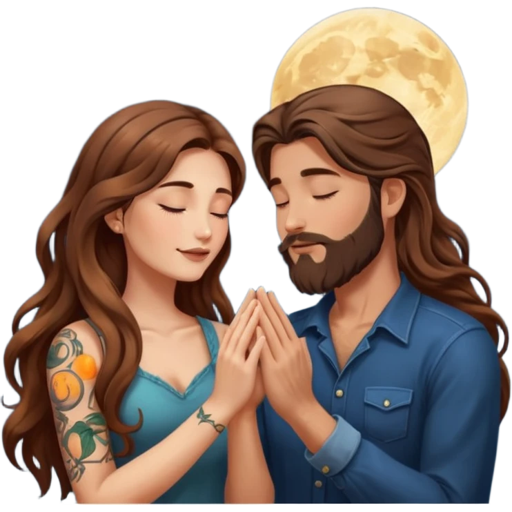 woman with long wavy brown hair tattoos and man with long brown hair beard, foreheads touching, shared glowing moon between hands emoji