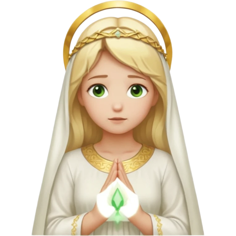 Blonde girl in white closed dress with green eyes praying. The holy halo is behind her, she is enveloped by a golden glow emoji