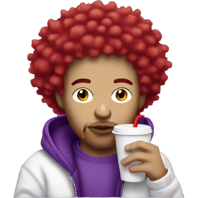 white skin rapper with red fluffy hair  sipping purple drink in white cup emoji