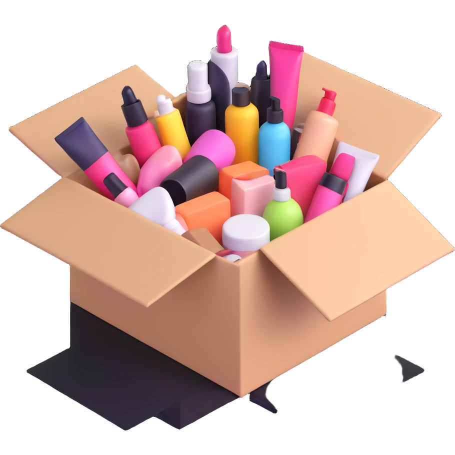 an opened box with assorted beauty items emoji