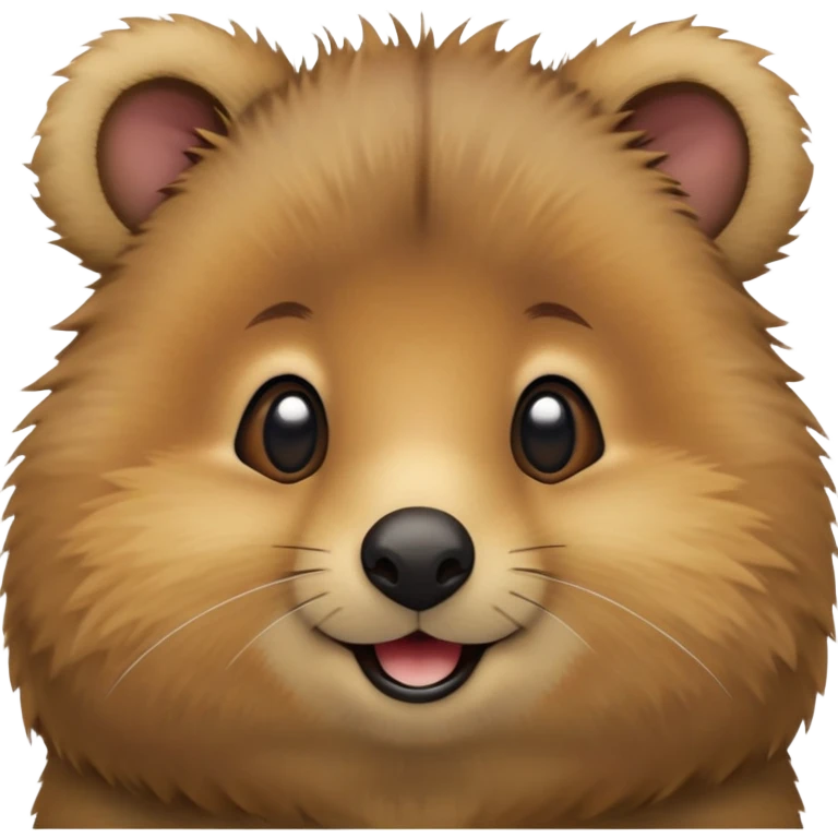 cinematic-realistic quokka-emoji,-small-round-frame, head tilted in an endearing manner, comical smile, round cheeks, giant-fluffy-cheeks-large-smile-fluffy-brown-fur-radiating-a-warm-softness,-big-round-eyes-filled-with-joy, realistic round  fluffy zoomed in, large black eyes emoji