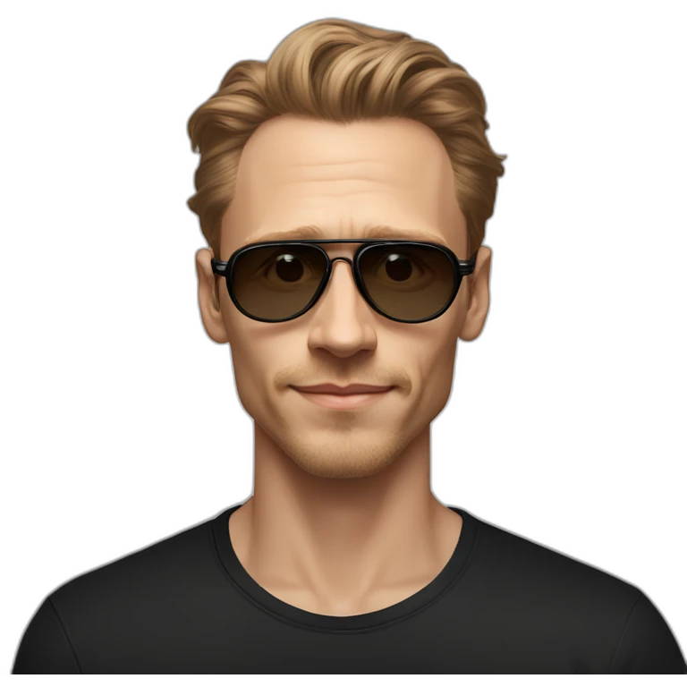 Light Brown guy, hair nose and lips like Tom Hiddleston, no facial hair, transparent aviator glasses, black t shirt emoji