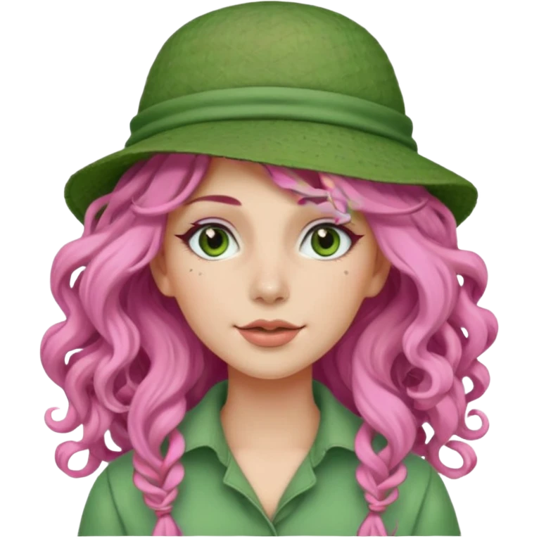 pink haired very long curly haired woman with full full face green clay mask and a hat emoji