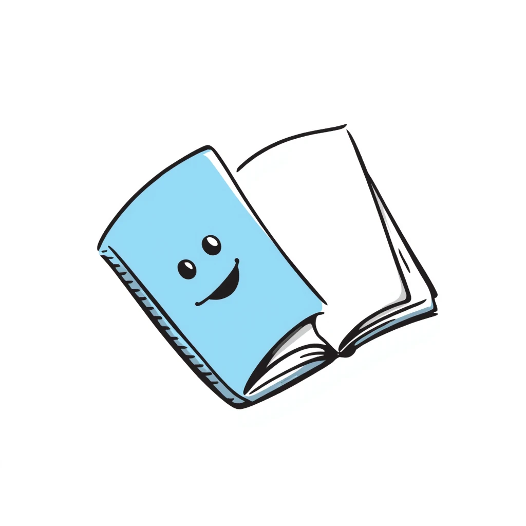 sky blue notebook with a smiling face, hand drawn doodle style emoji