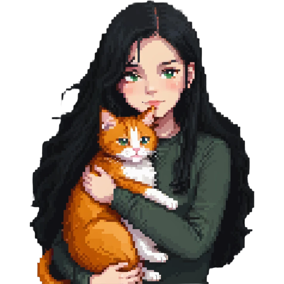 Beautiful girl with long black hair hugs a ginger cat emoji