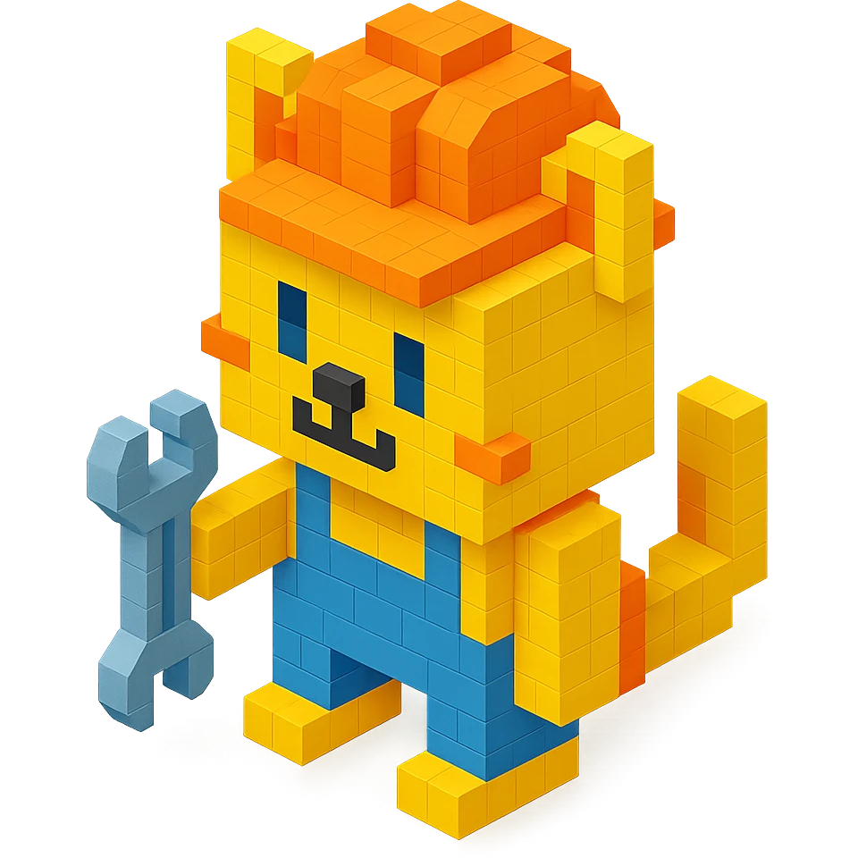 worker cat with orange construction hat holding a wrench in voxel style emoji