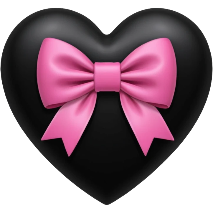 glossy velvet black heart with a pink bow and heart pattern on the bow emoji