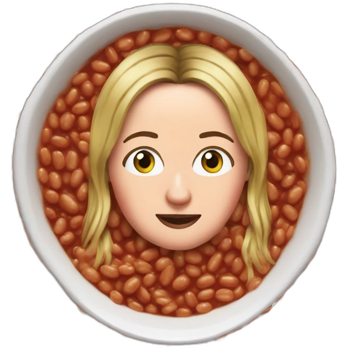 Victoria Coren-Mitchell in a bath of baked beans emoji