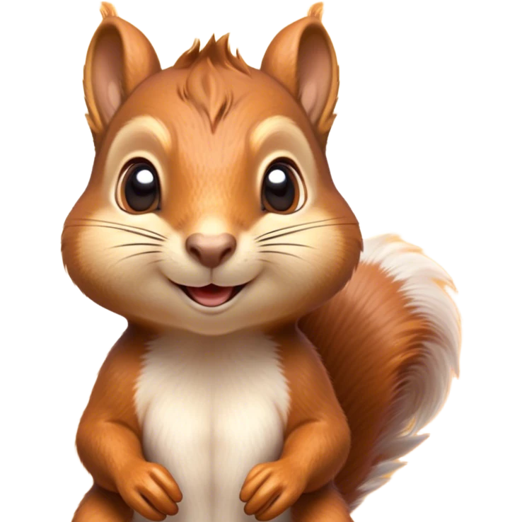Cinematic Adorably Cute Squirrel Portrait Emoji, Perched with an alert, twinkling gaze and a playful tilt of its head, showcasing a small, nimble body with a bushy tail and delicate whiskers, Simplified yet irresistibly adorable features, highly detailed, glowing with a warm, sunlit glow, high shine, energetic and sprightly, stylized with an air of woodland whimsy, soft glowing outline, capturing the essence of a joyful squirrel that appears ready to scamper out of the screen with boundless charm! emoji