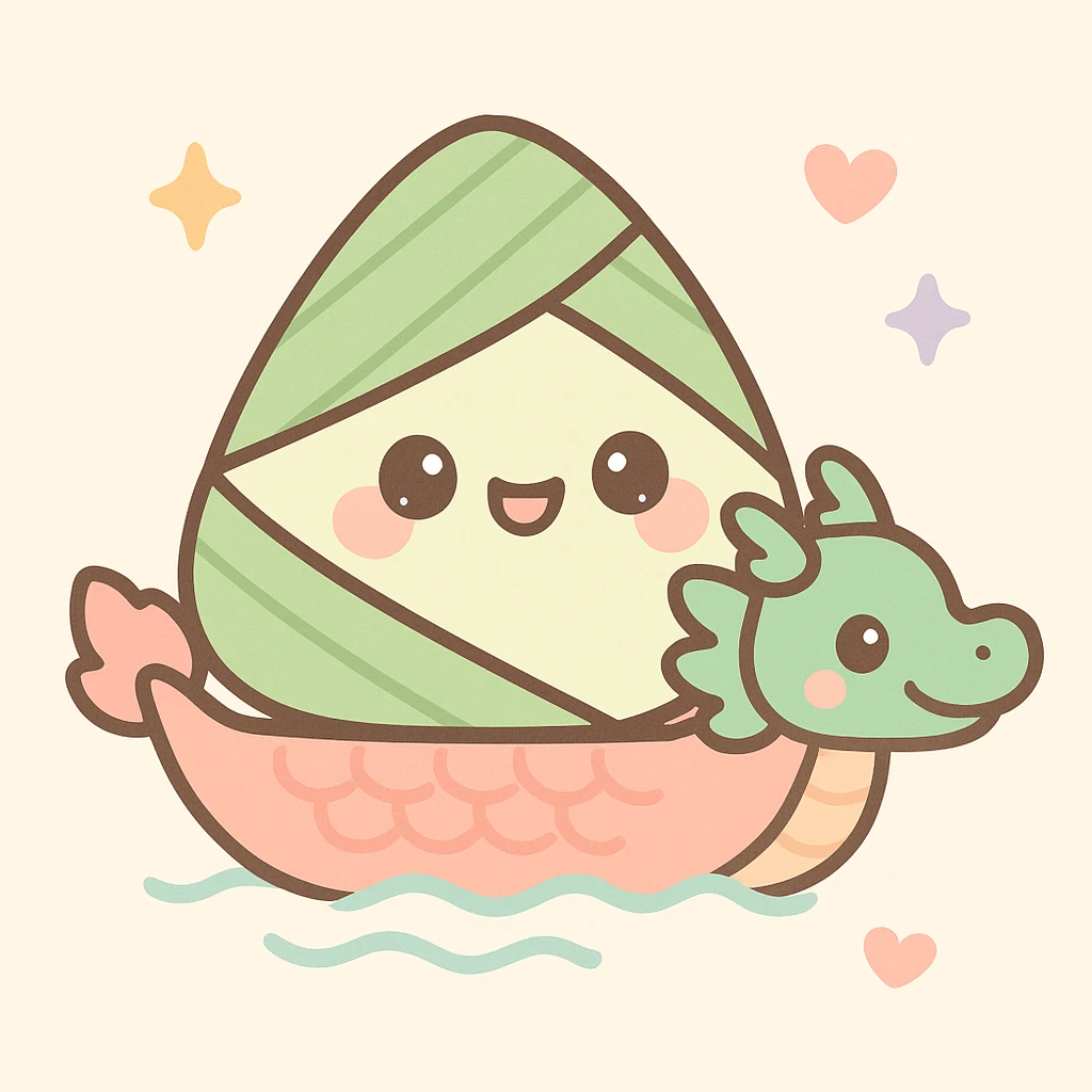 zongzi with a small dragon boat, cartoon style, lively and festive scene, suitable for children for Dragon Boat Festival emoji
