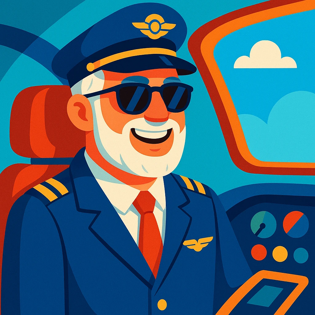 middle-aged male pilot, white skin, silver hair, beard, smiling, wearing sunglasses, vibrant toon cartoon style emoji