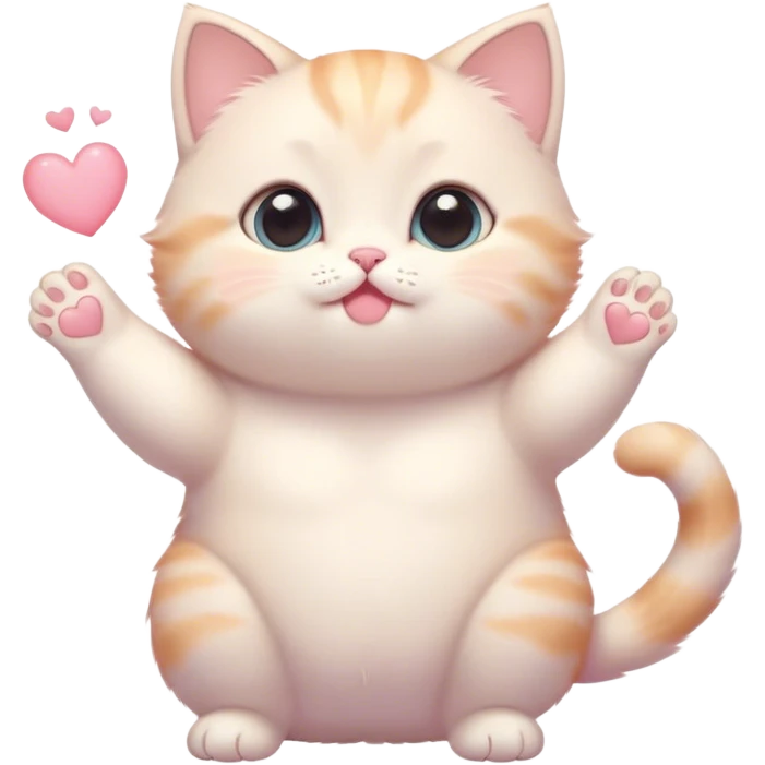 Cinematic chubby pastel kitten, big round eyes full of wonder, tiny paws reaching up, soft fluffy fur glowing in warm light, delicate heart-shaped nose, irresistibly cute and snuggly. emoji